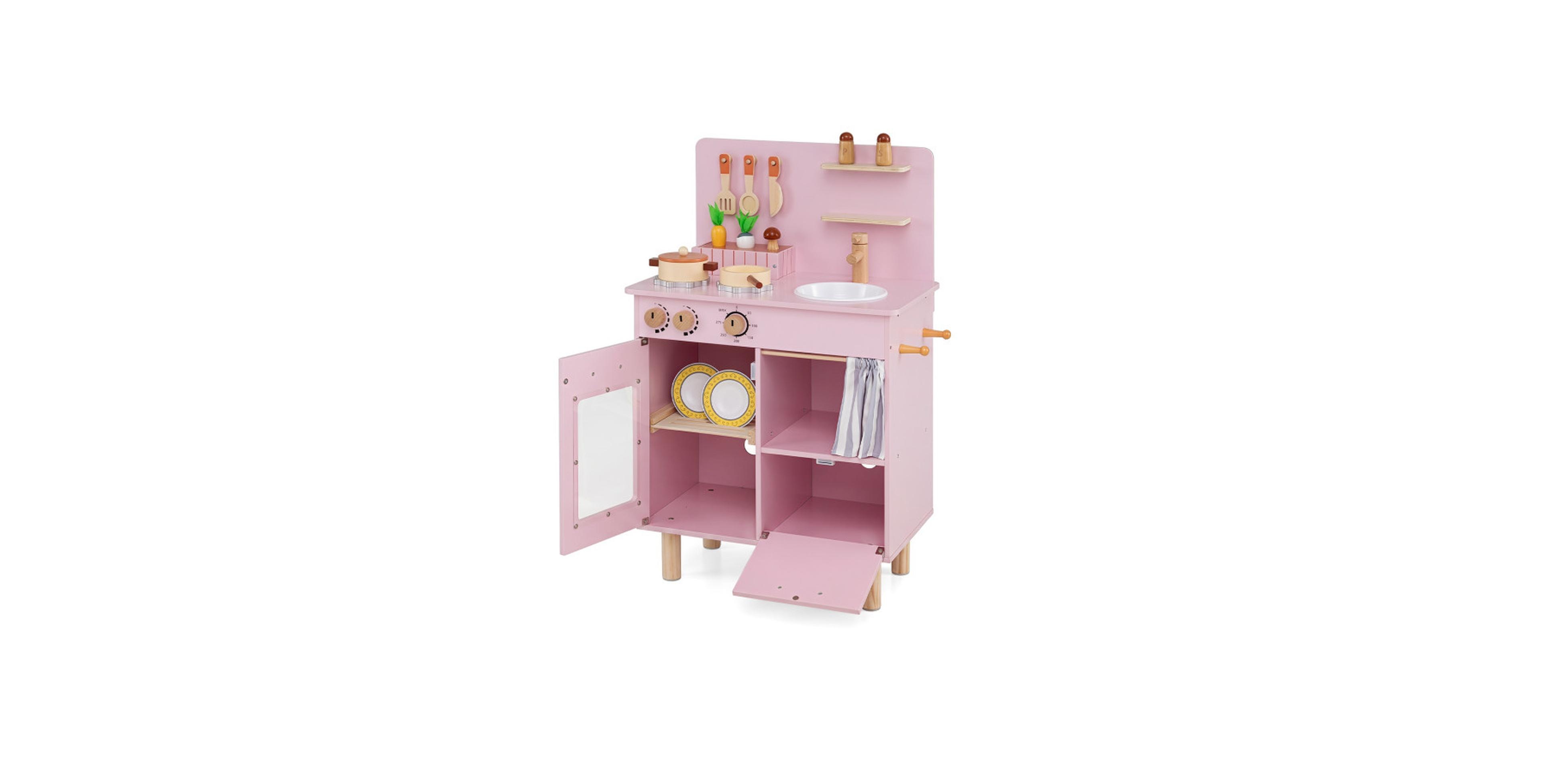 Hongge Toddler Wooden Play Kitchen with Dishwasher and Toy Foods, Ages 3+