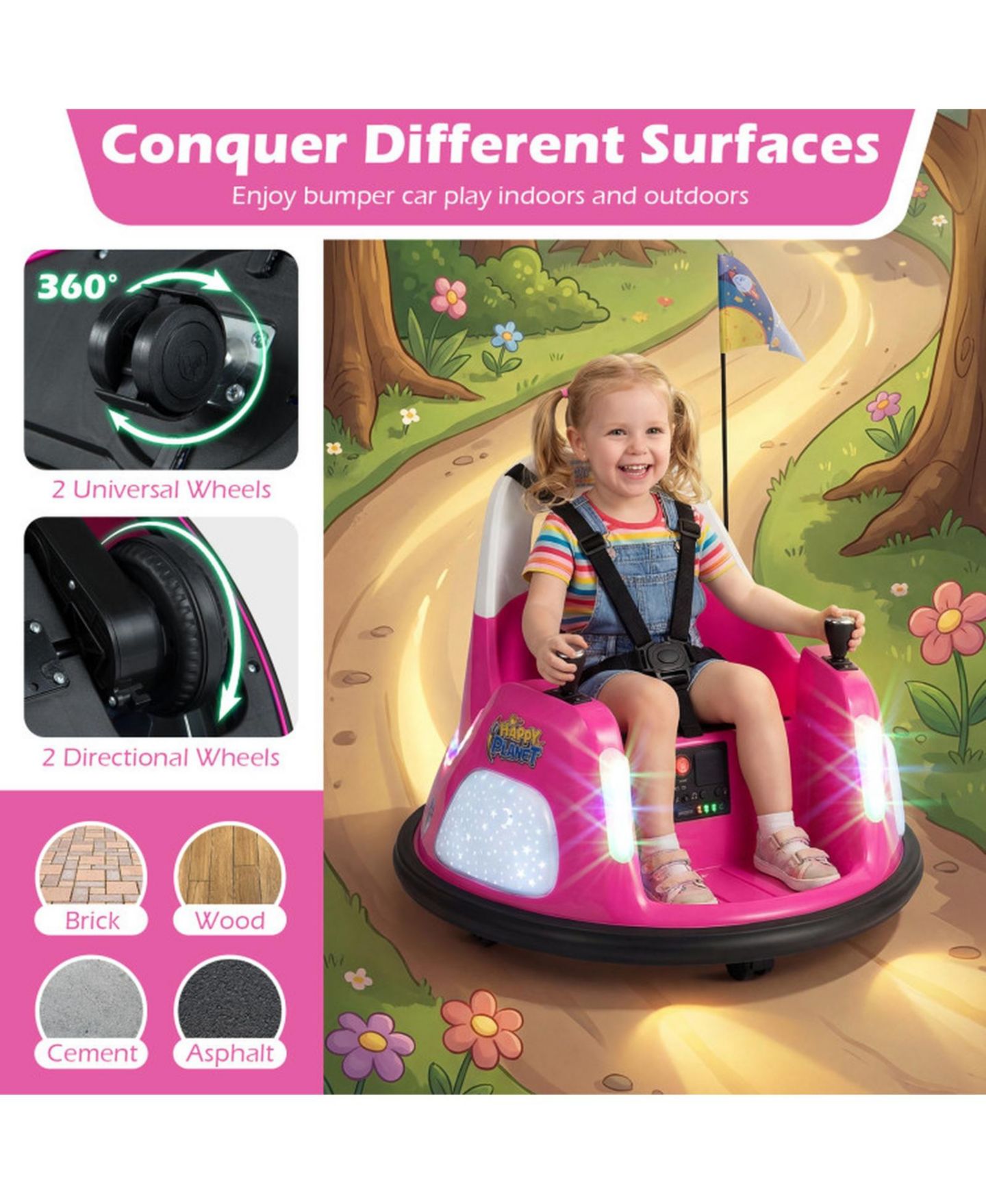 Детская игрушка HONGGE 12V Kids Ride On Bumper Car with Dual Joystick Control and Remote Control, Ages 18 Months+, цвет: Розовый — фото 5