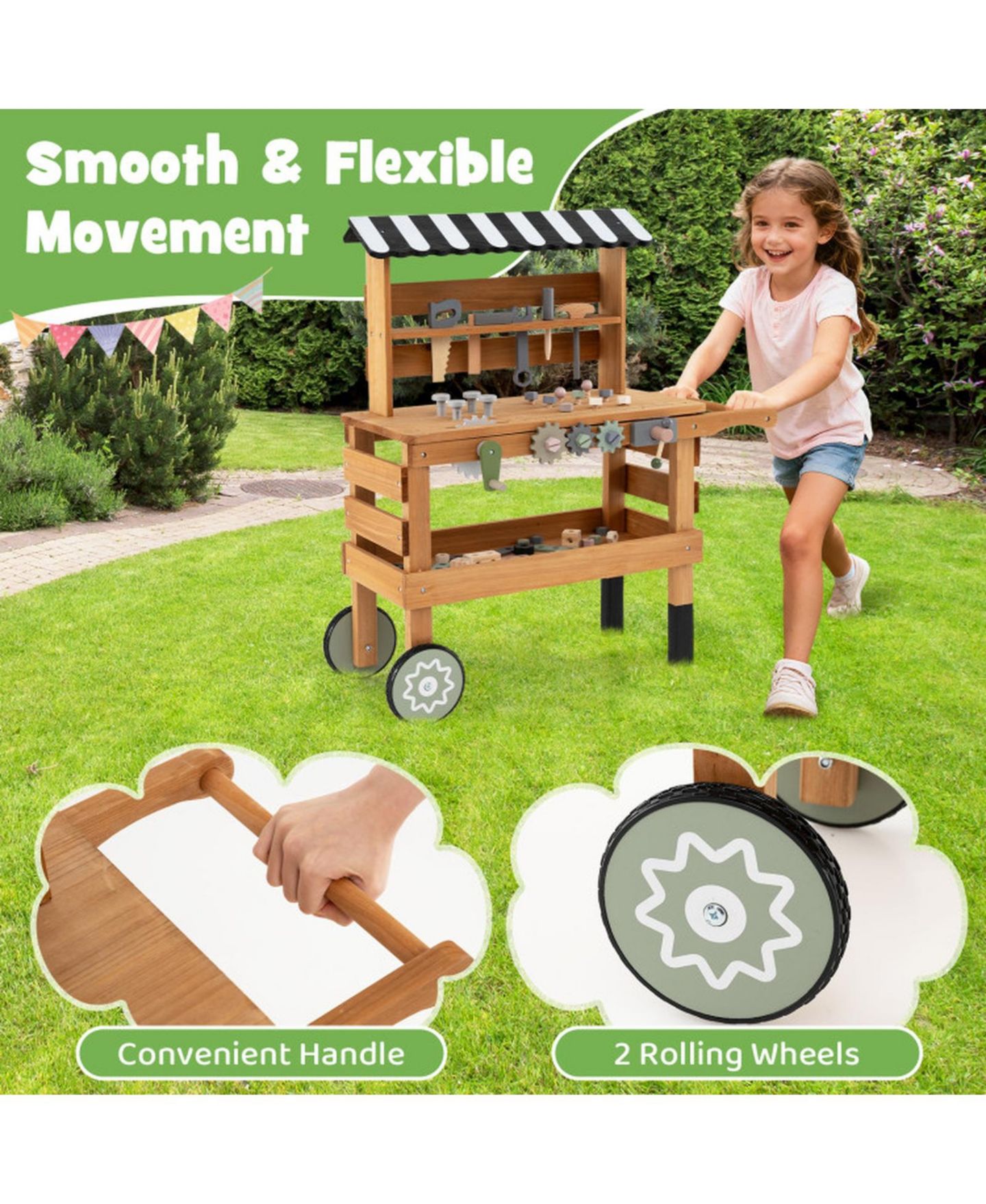 Детские игрушки HONGGE 2-in-1 Rolling Wooden 47-Piece Tool Bench Cart, Ages 3+, цвет: Коричневый — фото 6