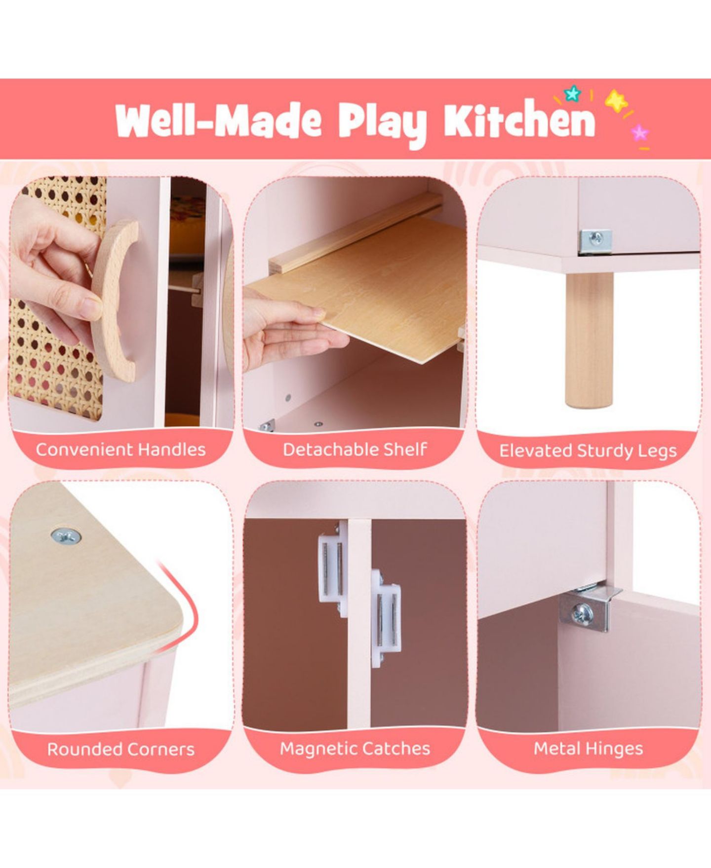 Детский игровой набор HONGGE Kids Wooden Play Kitchen Playset with Working Ice Maker and Sink Ages 3, цвет: Розовый — фото 4