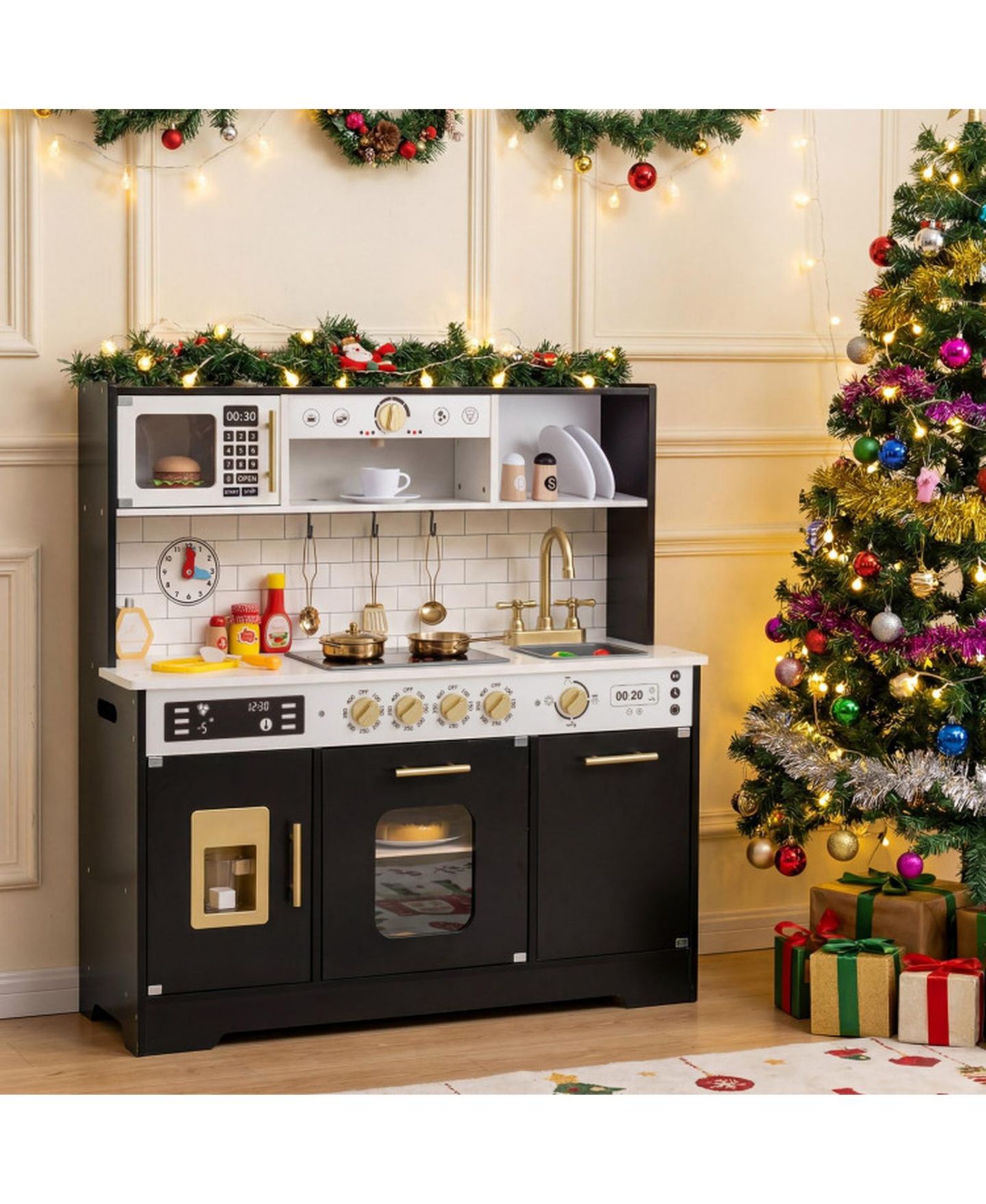 Детская игрушка HONGGE Lights and Sounds Wooden Play Kitchen with Ice Maker, Ages 3+, цвет: Чёрный — фото 11