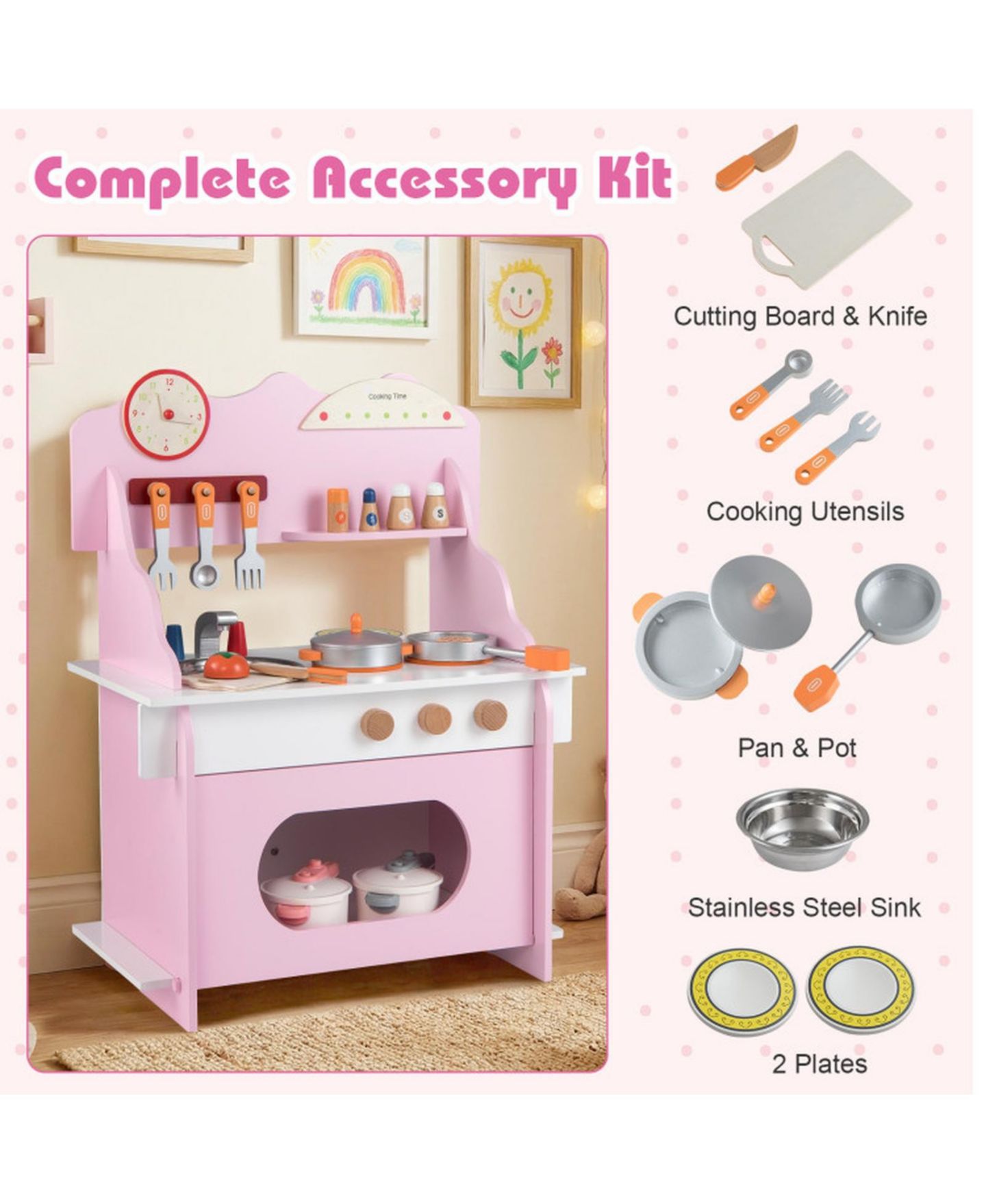 Детские игрушки HONGGE Wooden Double-Burner Play Kitchen with Learning Clock, 12-Piece Set, Ages 3+, цвет: Розовый — фото 4