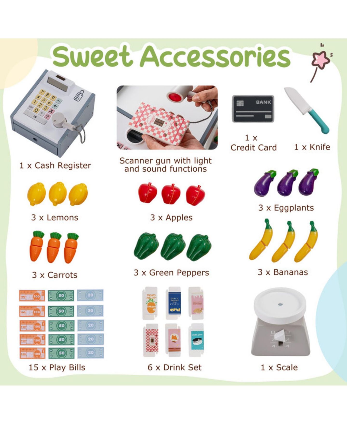 Детский игровой набор HONGGE Kids' Wooden Grocery Store Playset with Shopping Cart and Cash Register, Ages 3+, цвет: Серый — фото 4