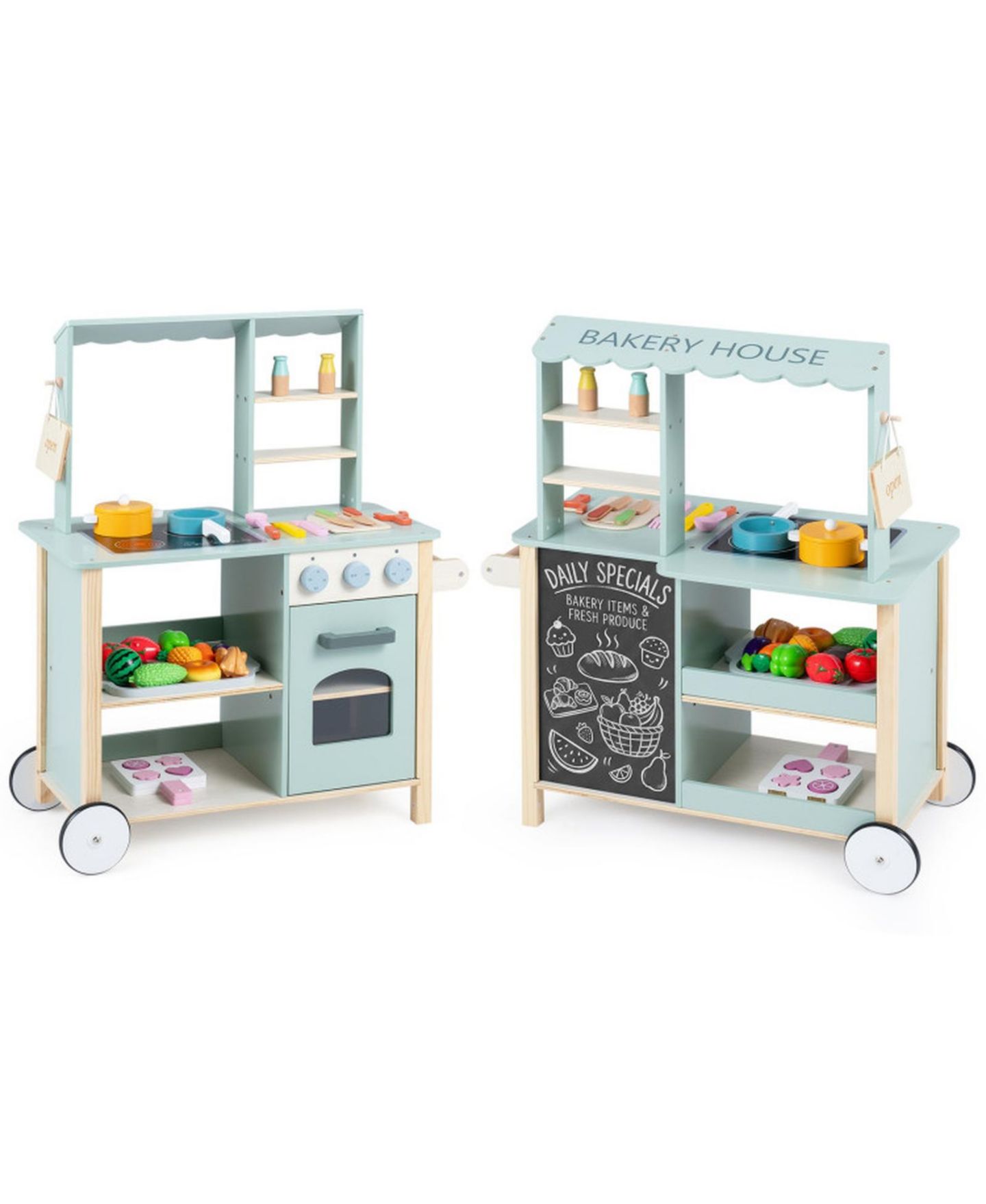 Детская игрушка HONGGE Wooden Play Kitchen with Rolling Wheels, Ages 3+, цвет: Зелёный — фото 3