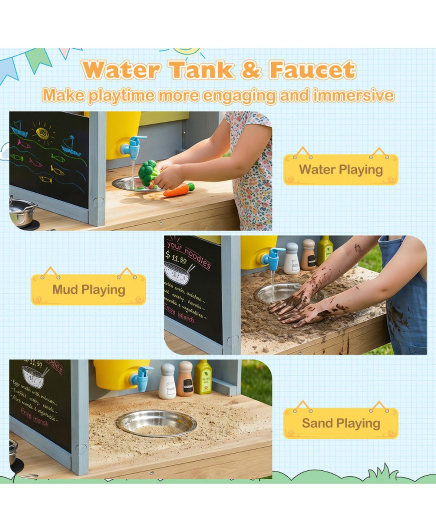 Детские игрушки HONGGE Canopy Mud Kitchen with Water Tank and Faucet, Ages 3+, цвет: Натуральный — фото 7