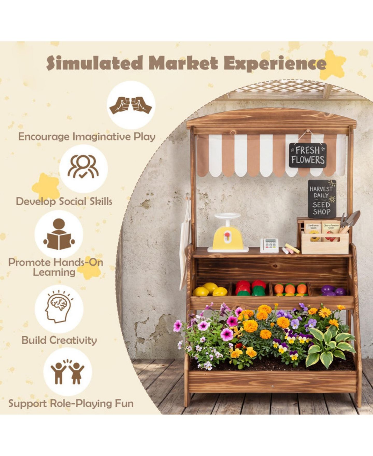 Детские игрушки HONGGE 2-in-1 Wooden Mud Kitchen and Market Stand, 25-Piece, Ages 3+, цвет: Коричневый — фото 5