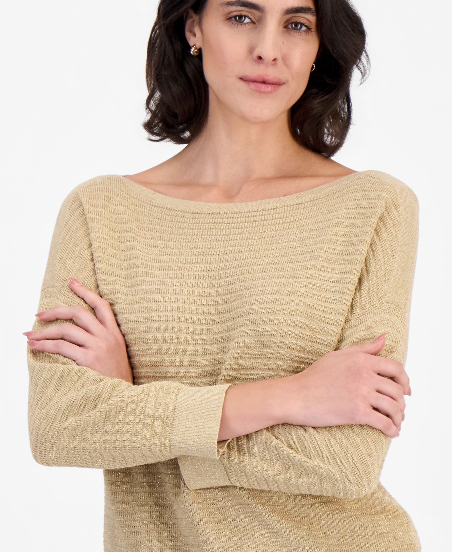 Women's Lurex-Knit 3/4-Length-Sleeve Boatneck Sweater