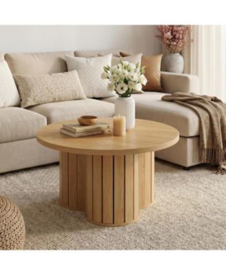 Round Coffee Table, 31.5" Wooden Circle Coffee Table with Three-lobed Grille Base, Small Accent Center Table