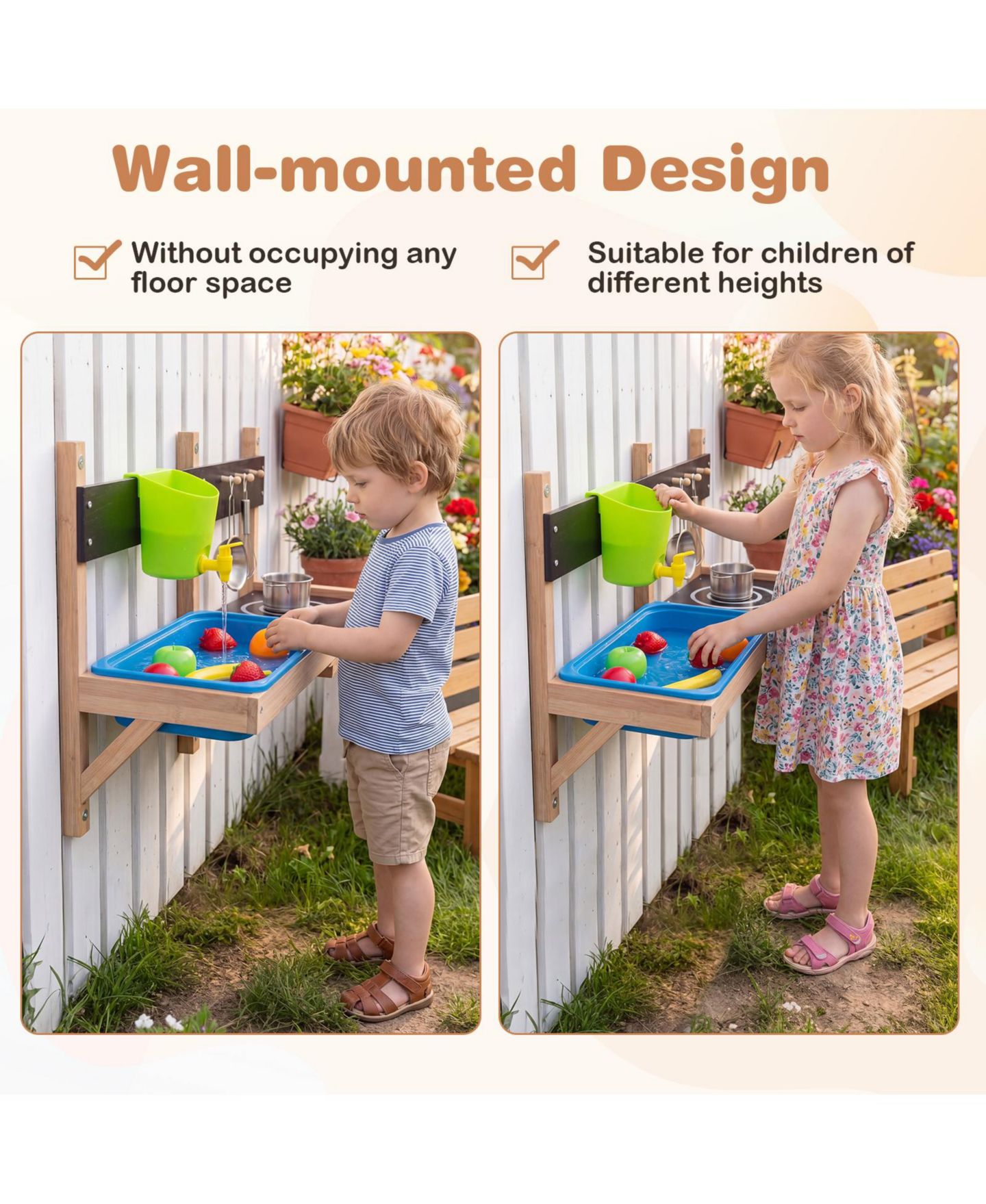 Детская игрушка Gymax Outdoor Wall Mounted Mud Kitchen for Kids Wooden Play Kitchen with Sink Faucet, цвет: Синий — фото 8