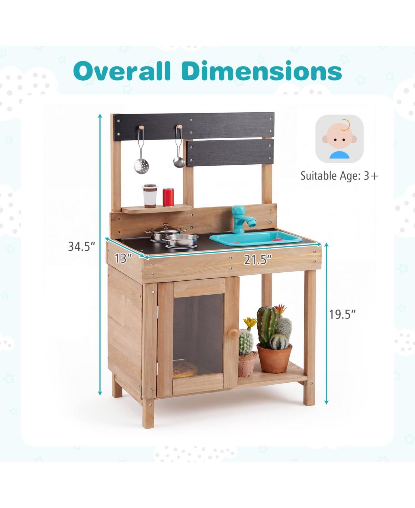 Детская игрушка Gymax Outdoor Wooden Mud Kitchen, Ages 3+, цвет: Жёлтый — фото 3