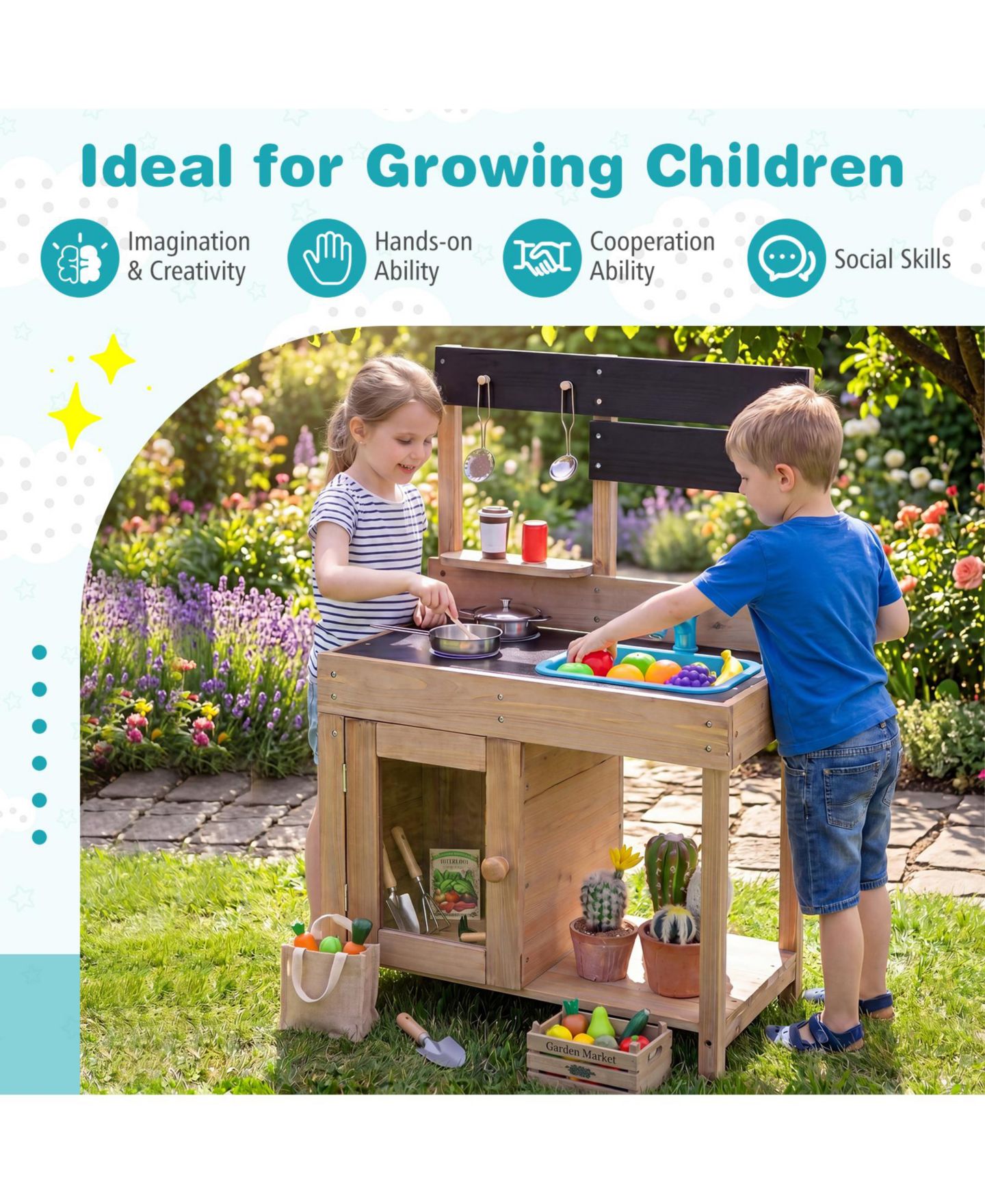 Детская игрушка Gymax Outdoor Wooden Mud Kitchen, Ages 3+, цвет: Жёлтый — фото 8