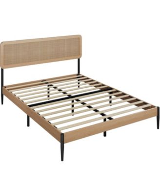 Queen Rattan Bed Frame – Rattan Headboard Platform Bed with Wood Slats and Under Bed Storage. Quiet Support. No Box Spring Needed