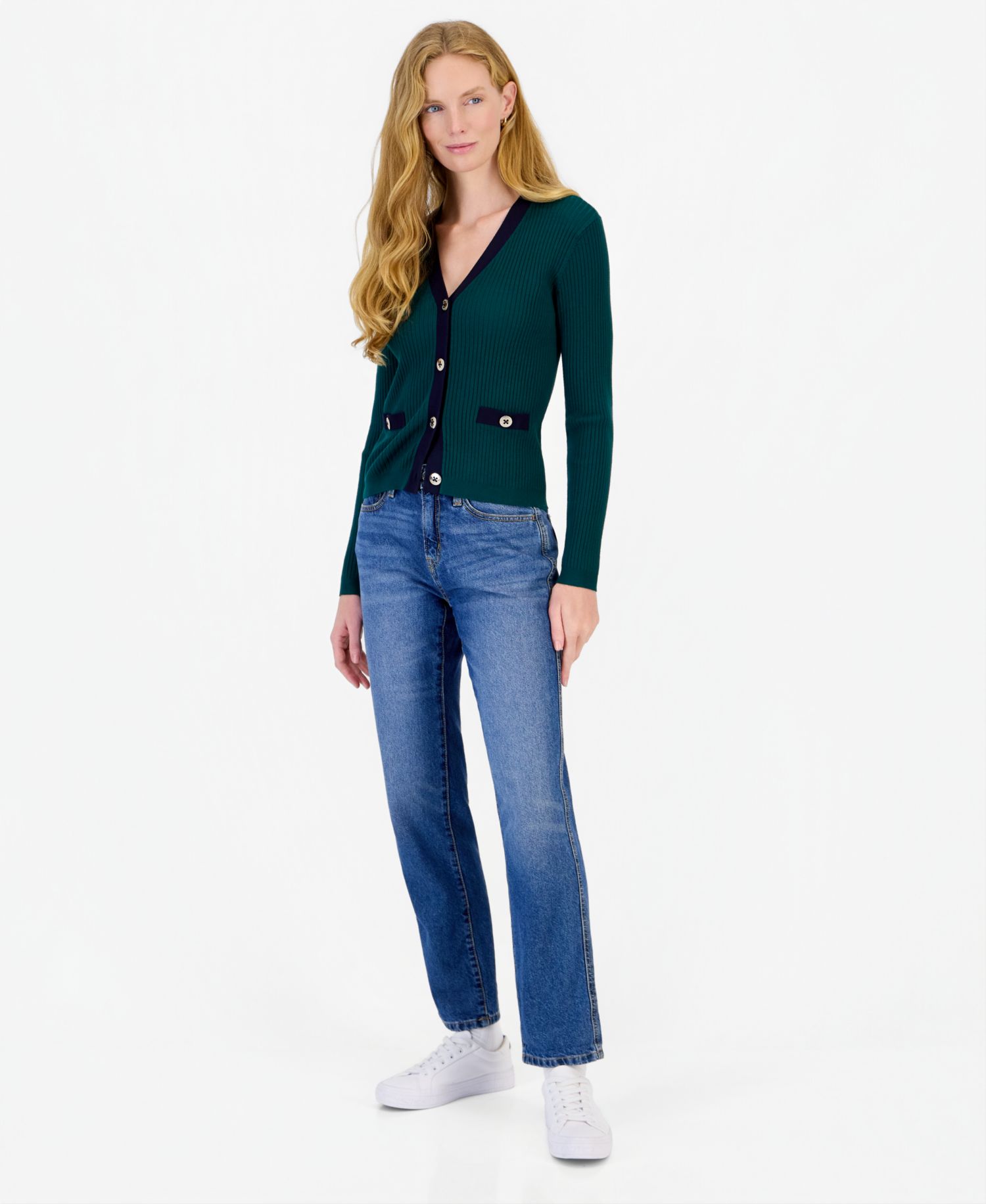 Women's Ribbed Tipped V-Neck Cardigan