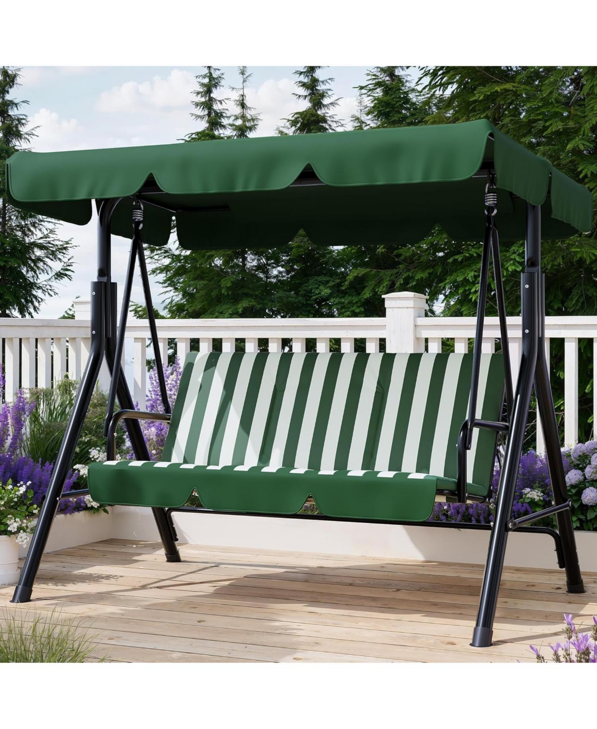 homfan Outdoor Porch Swing with Adjustable Canopy and Stand, 3-Seat Patio Swing Chair for Garden Backyard