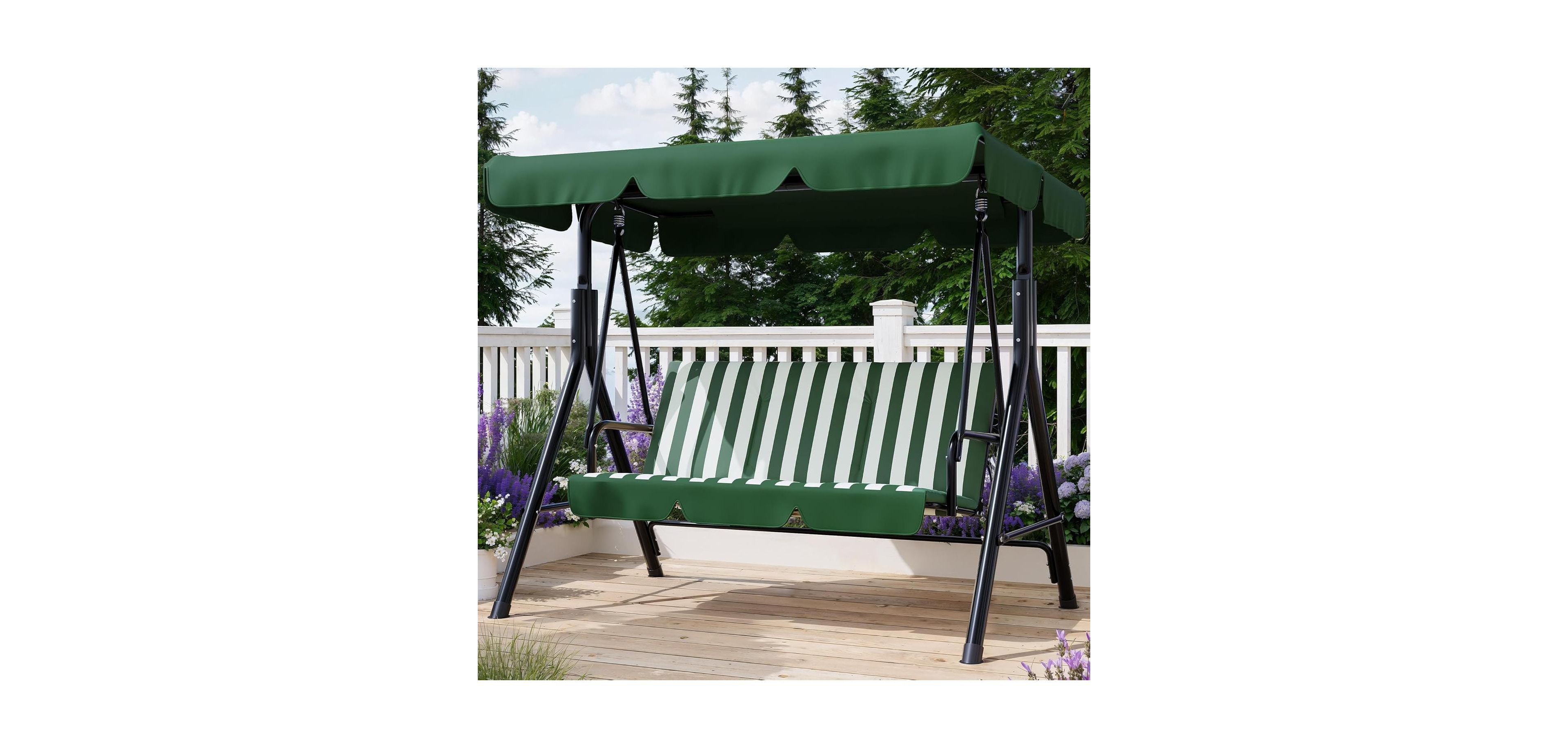 homfan Outdoor Porch Swing with Adjustable Canopy and Stand, 3-Seat Patio Swing Chair for Garden Backyard