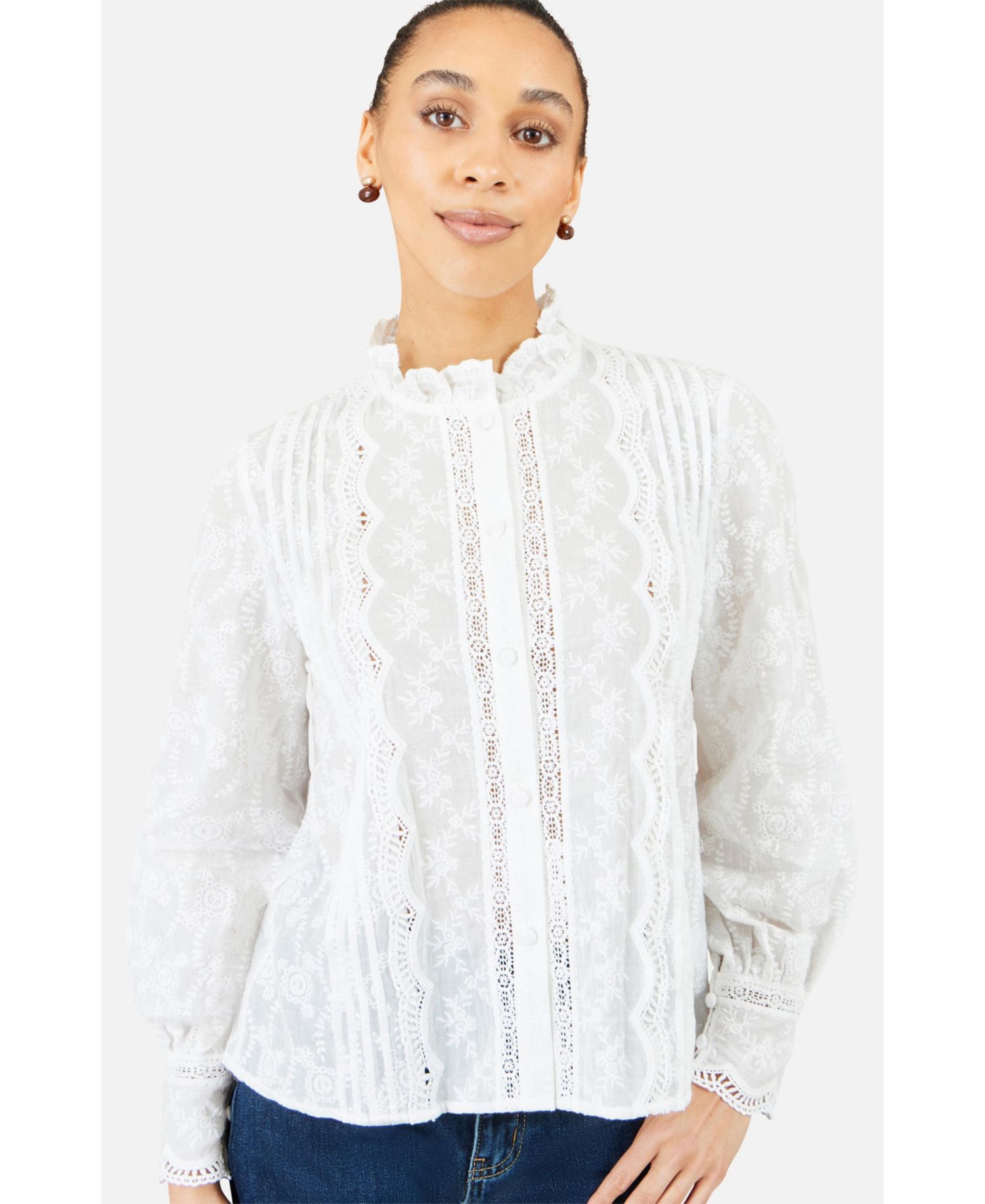 Women's Long-Sleeve Lace-Detail Cotton Blouse