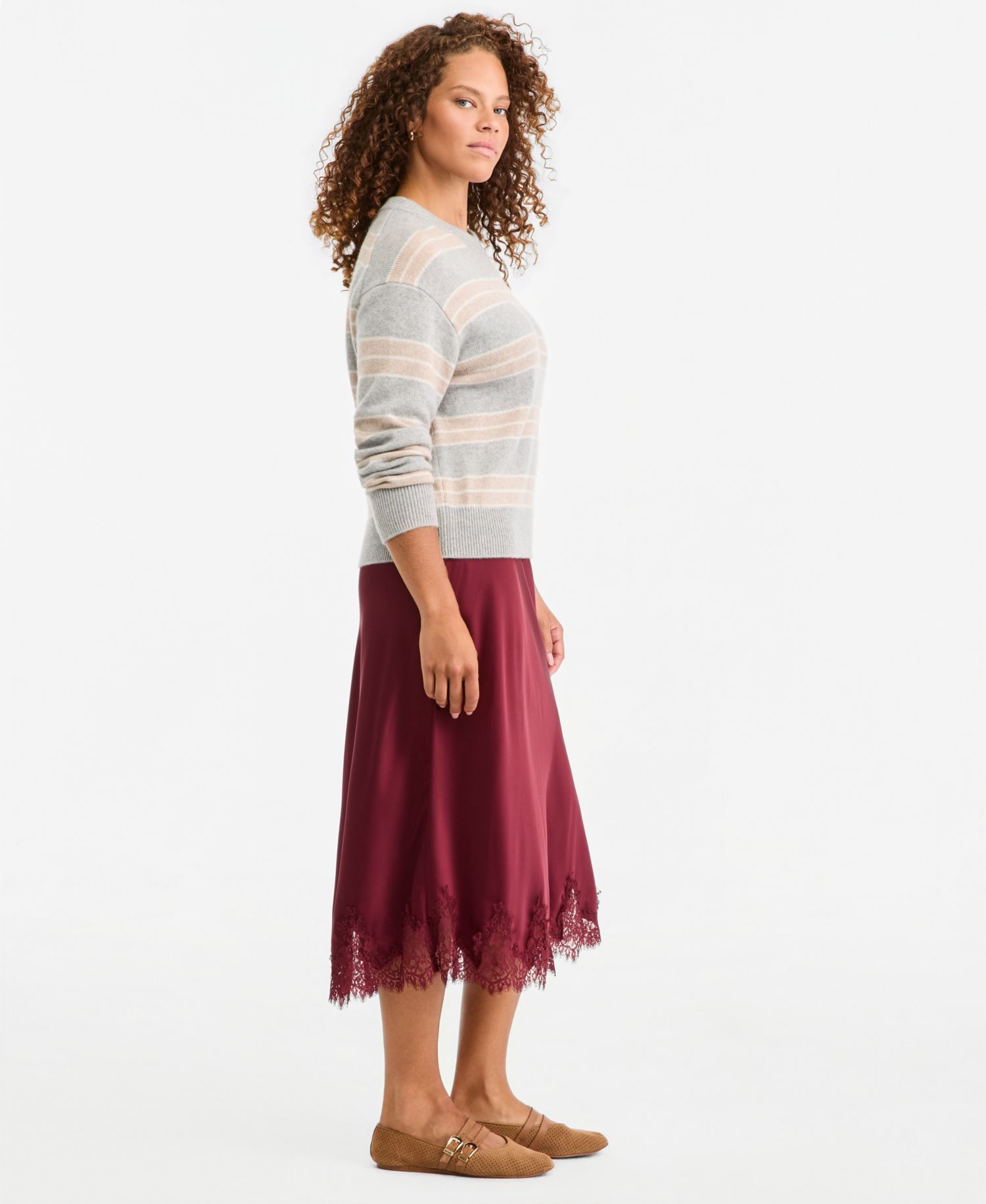 Women's High-Waisted Midi Lace-Trim Skirt