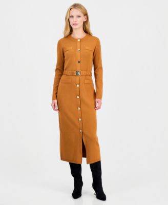 Women's Long-Sleeve Belted Sweater Dress
