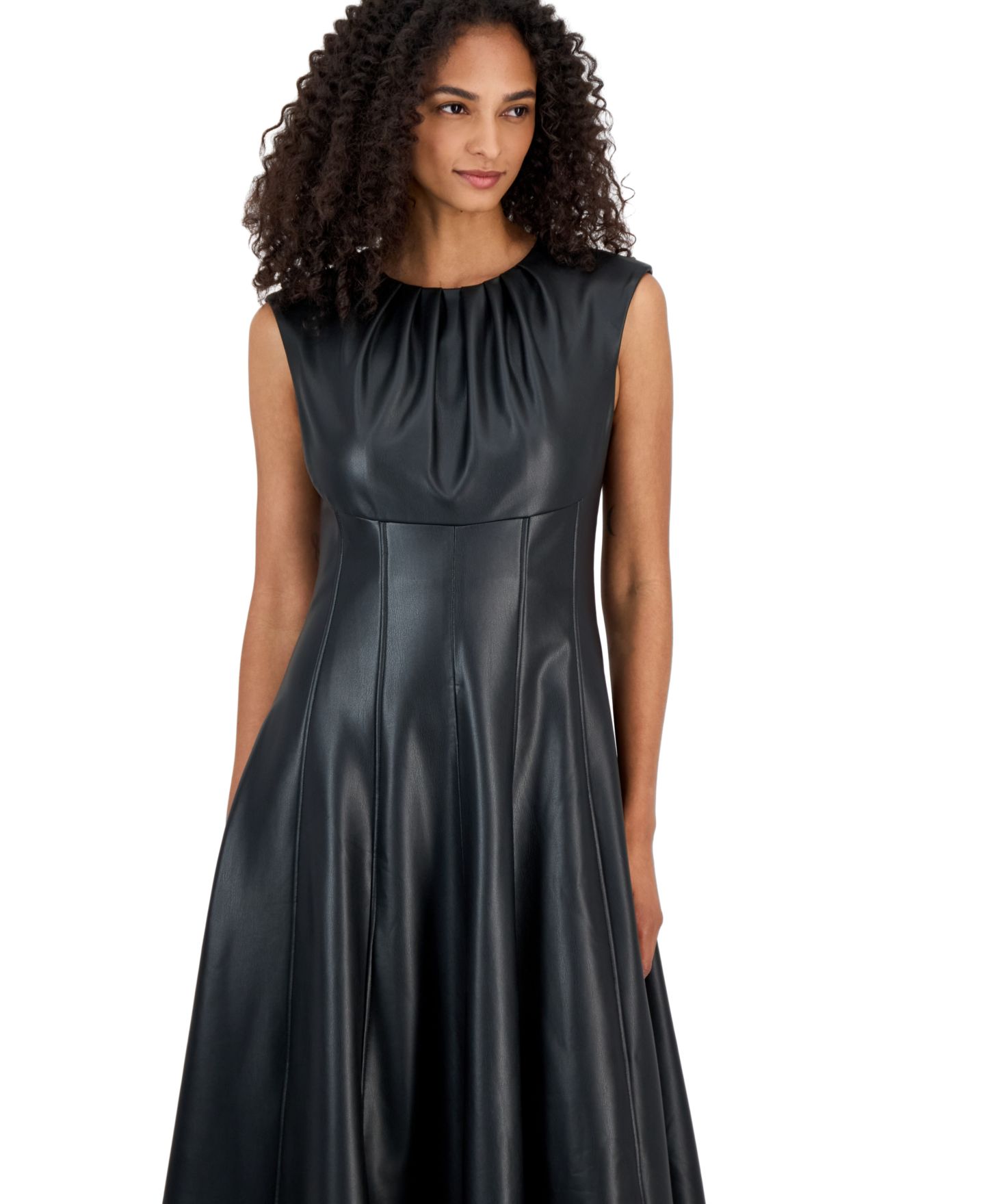 Женское платье Anne Klein Pleated Neck A-Line Midi Faux Leather, цвет: Чёрный — фото 4