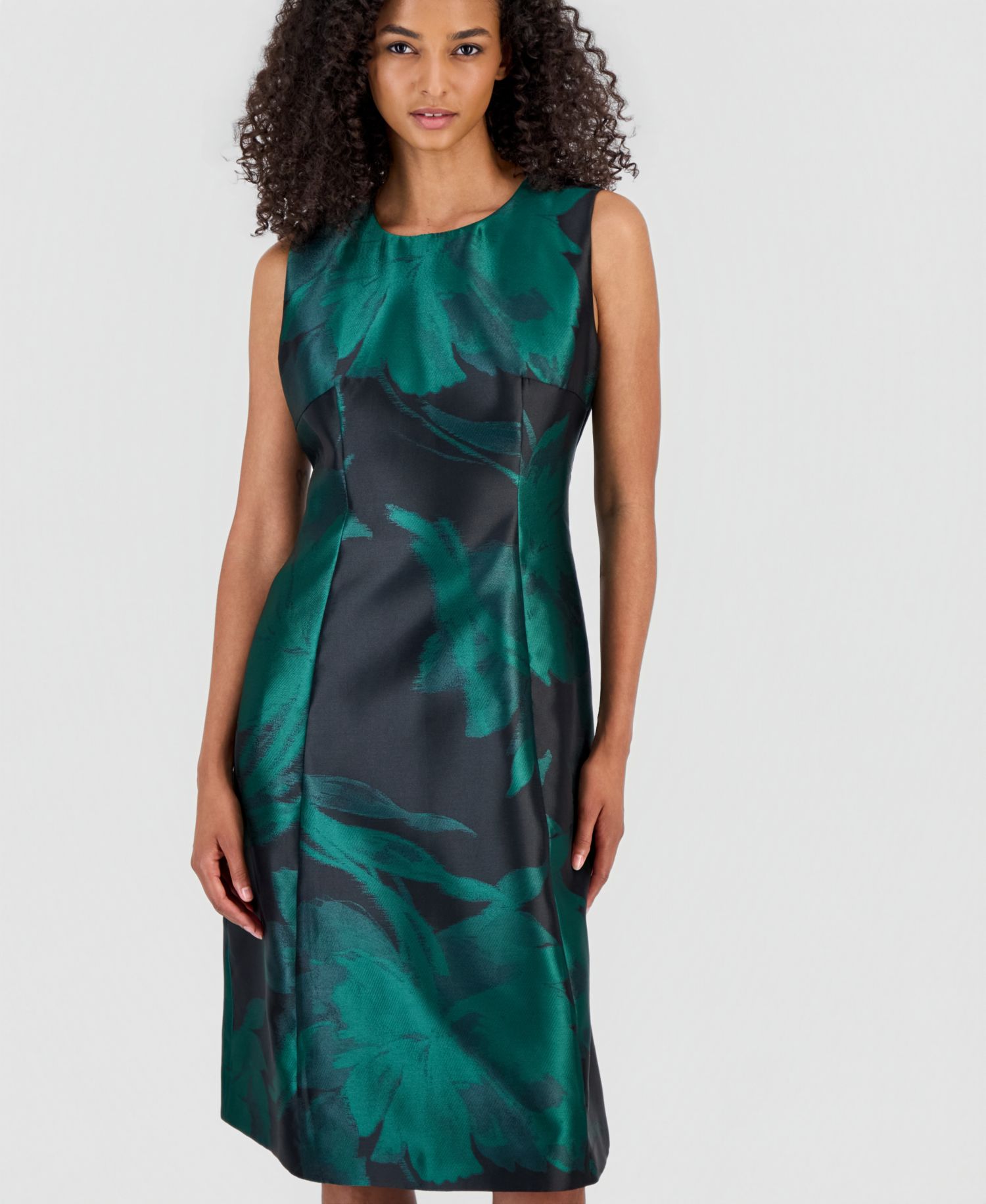 Women's Floral Jacquard Princess-Seam Fit & Flare Midi Dress