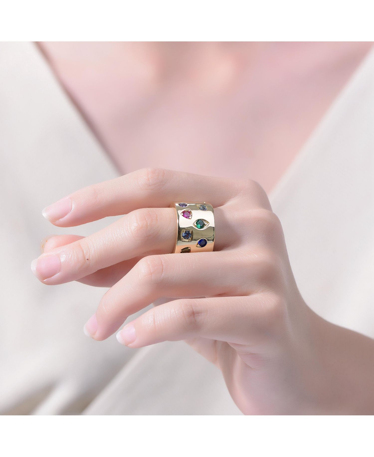 14K Gold Plated Vibrant Multi Color CZ Wide Band Ring
