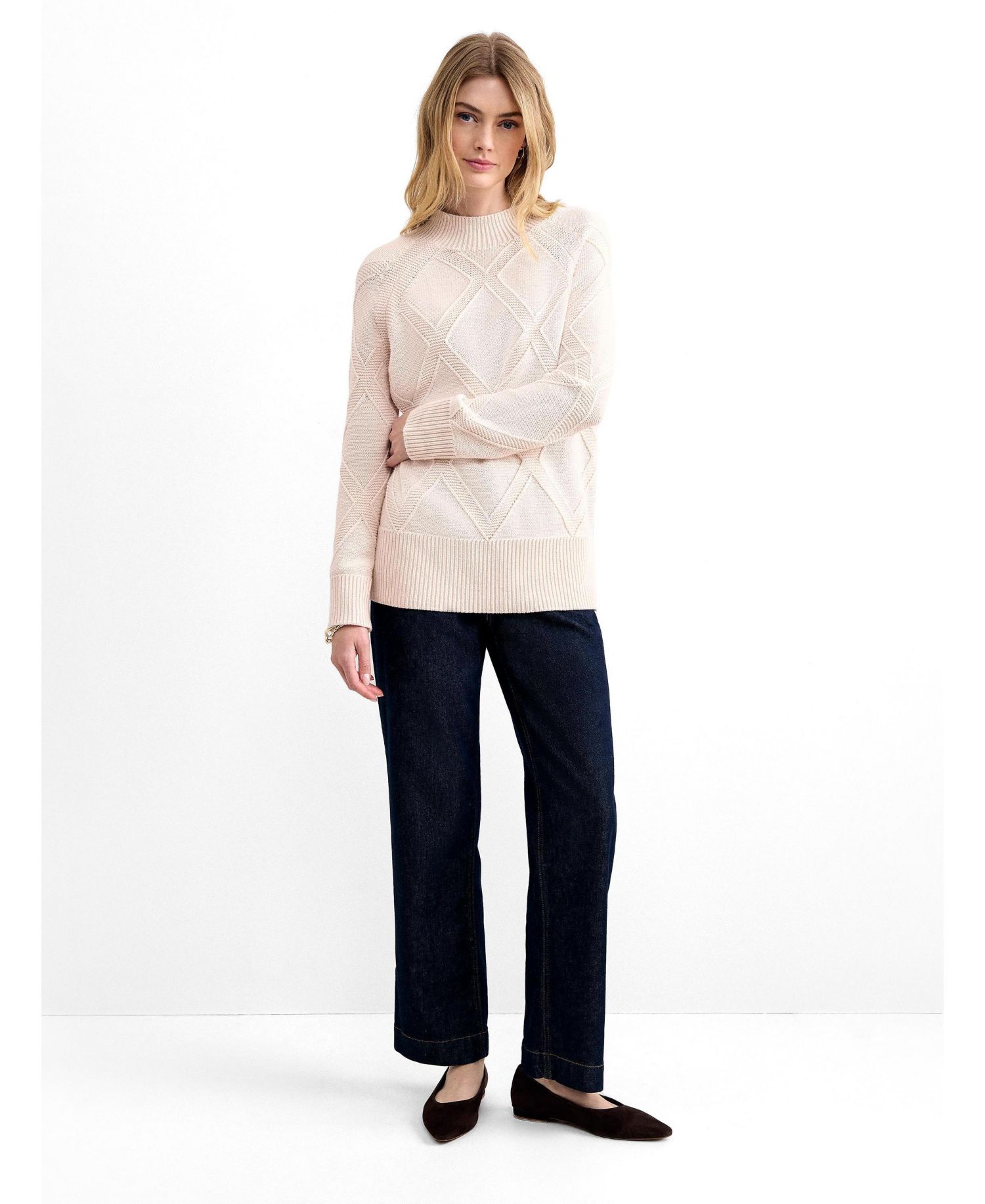 Women's Tara Mock-Neck Diamond Cable Knit Jumper