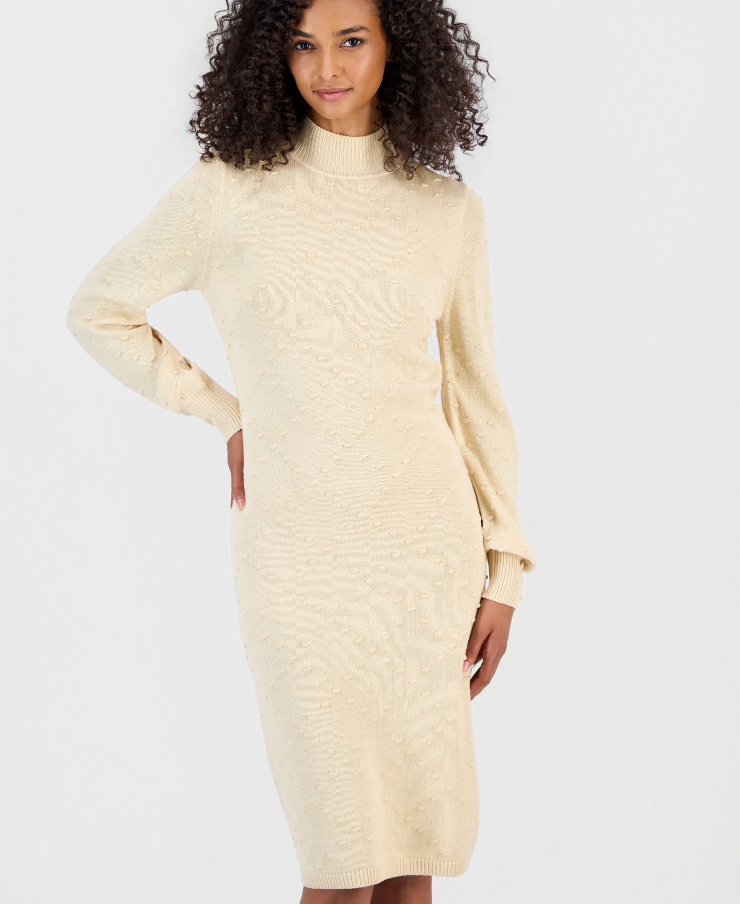 Women's Bobble Diamond Stitch Turtleneck Midi Dress