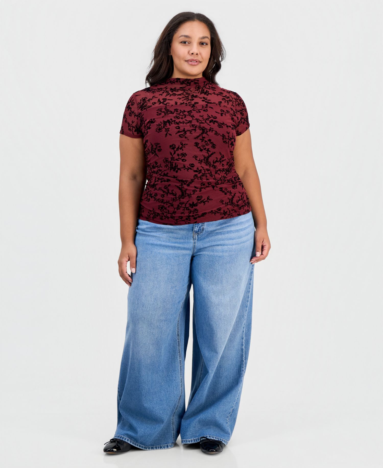 Plus Size Flocked Mesh Side-Ruched Mock Neck Top