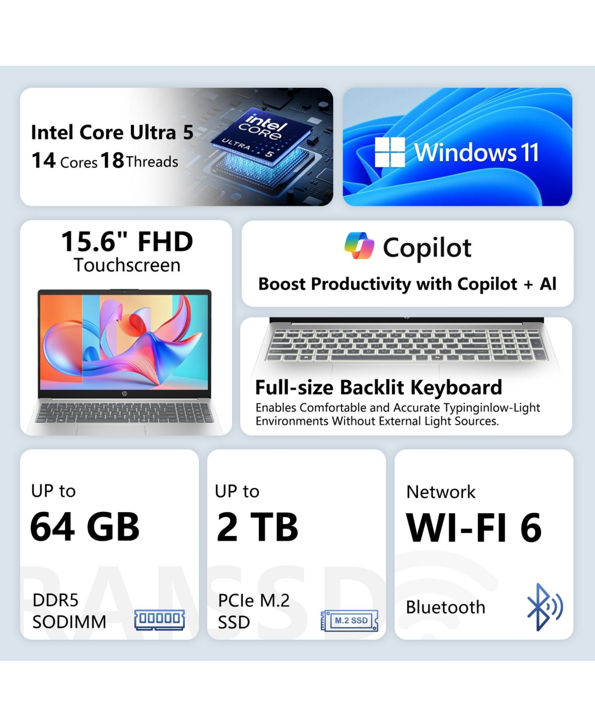 Hp 15.6 inches Touchscreen Laptop, Intel Core Ultra 5 125H, Intel Graphics, 64GB DDR5, 1TB Ssd, Wi-Fi 6, Win11 Pro