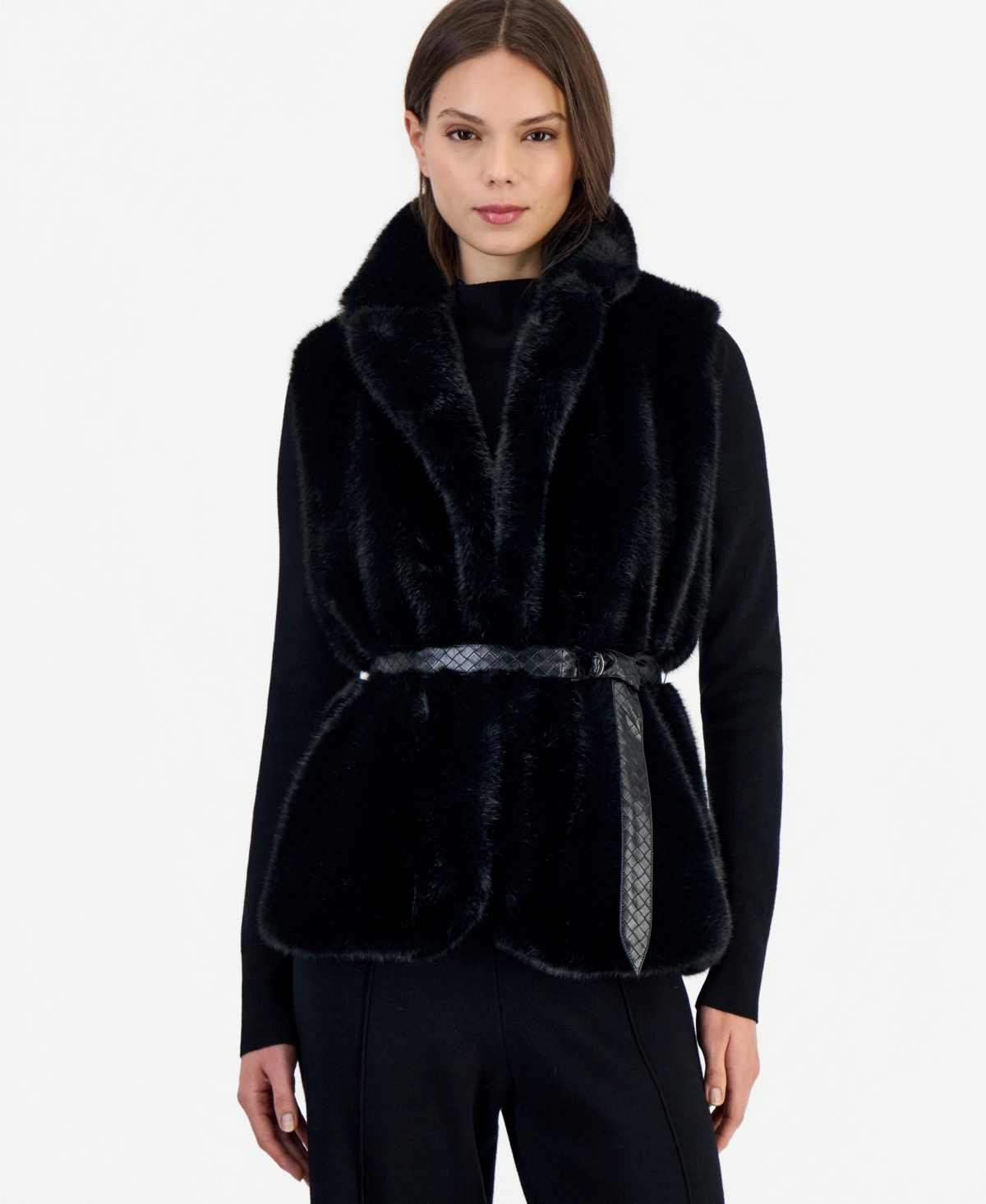 Tahari Asl Women's Faux Fur Mock Neck Rib-Knit Sweater Vest