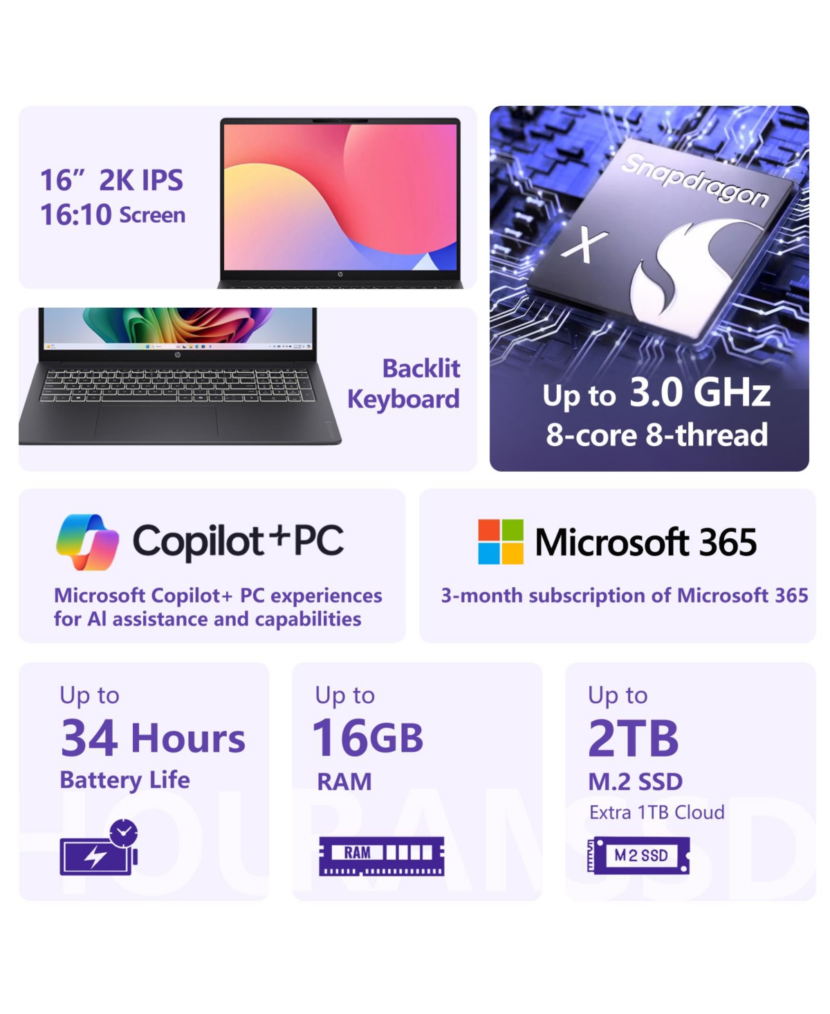Hp OmniBook 3 16" Traditional Laptop Qualcomm Snapdragon X 16GB Ram Qualcomm Adreno X1-45 1TB Ssd Storage Windows 11 Pro 60Hz