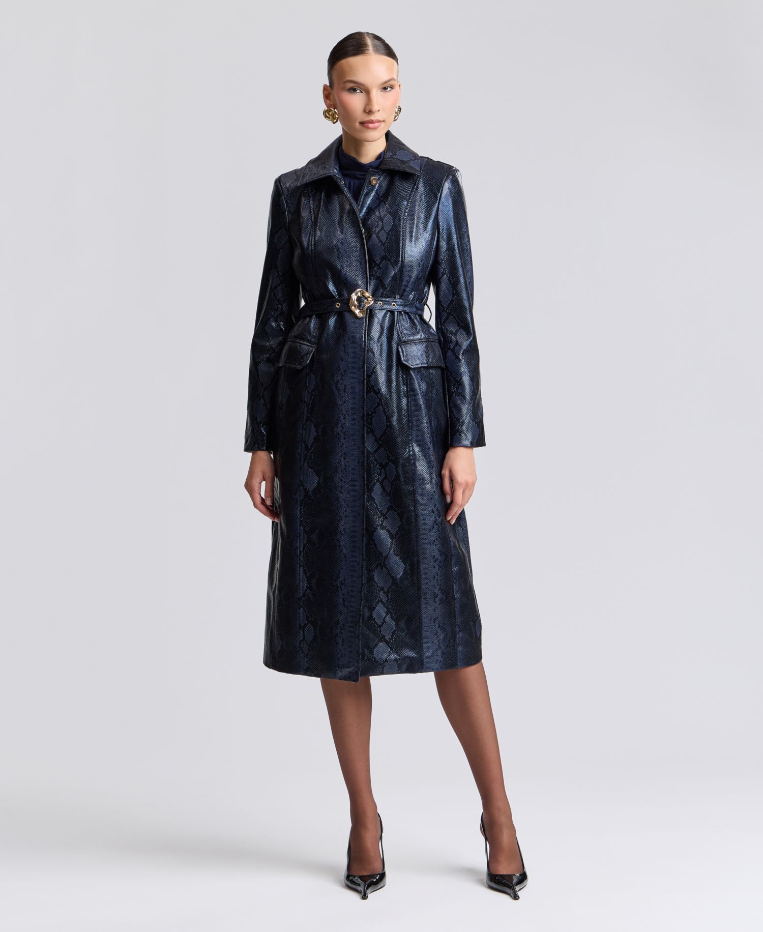 Women's Center Front Belted Python-Print Faux Leather Trench Coat