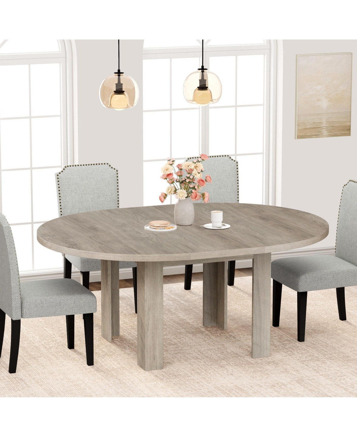 Gaomon Space-Saving Extendable Round to Oval Dining Table Seats 4-6, Convertible Mdf Table with Built-In Leaf Storage for Apartment Home Office
