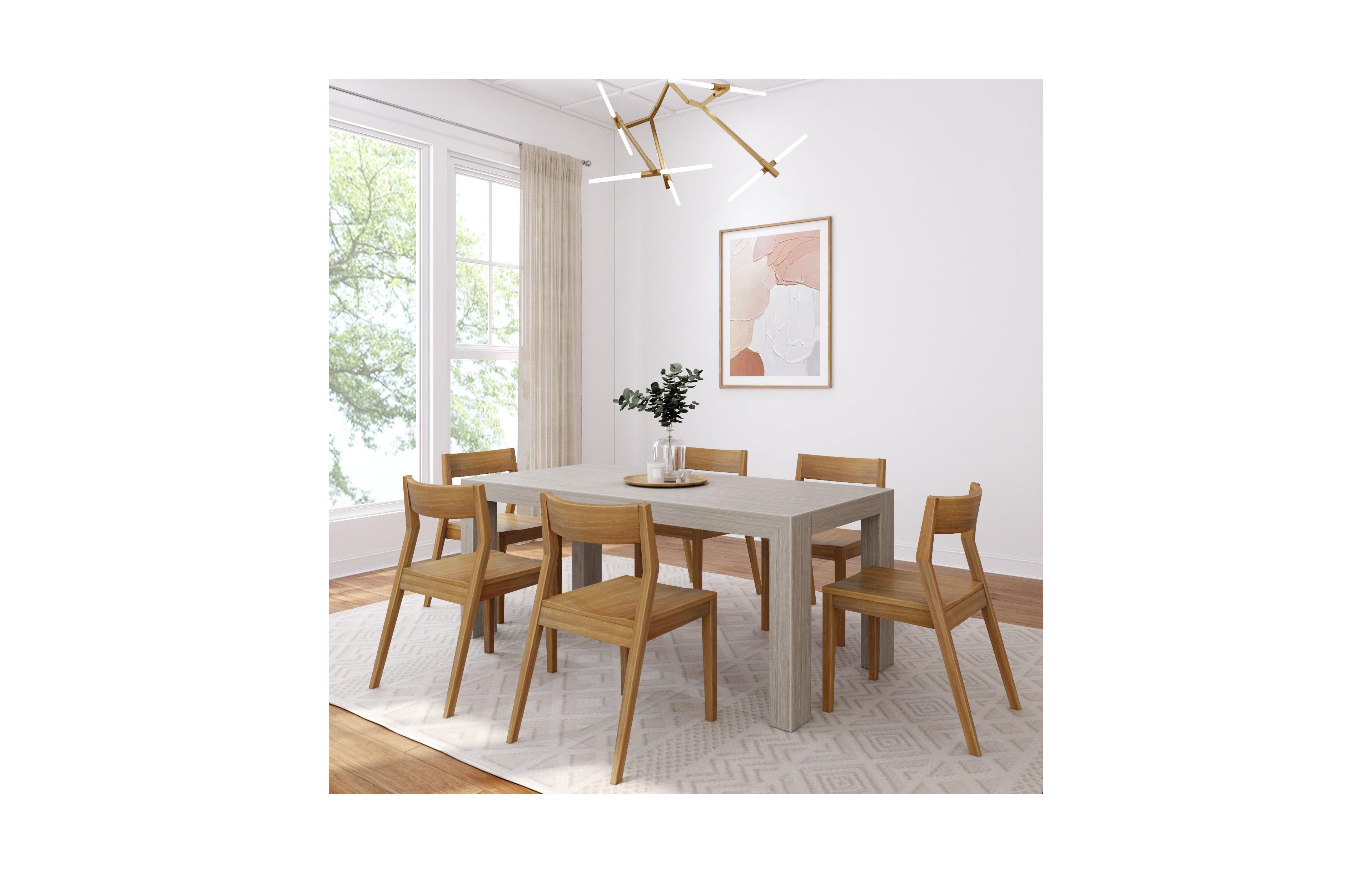 Plank+Beam 72" Modern Solid Wood Dining Table Set, Wirebrush, + 6 Chairs
