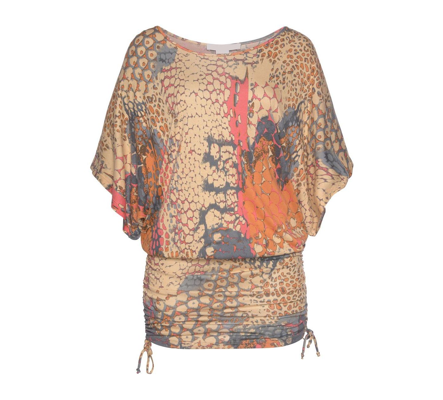 Женское платье LASCANA Viscose Printed Ruched Drawstring Short, цвет: Оранжевый разноцветный — фото 3