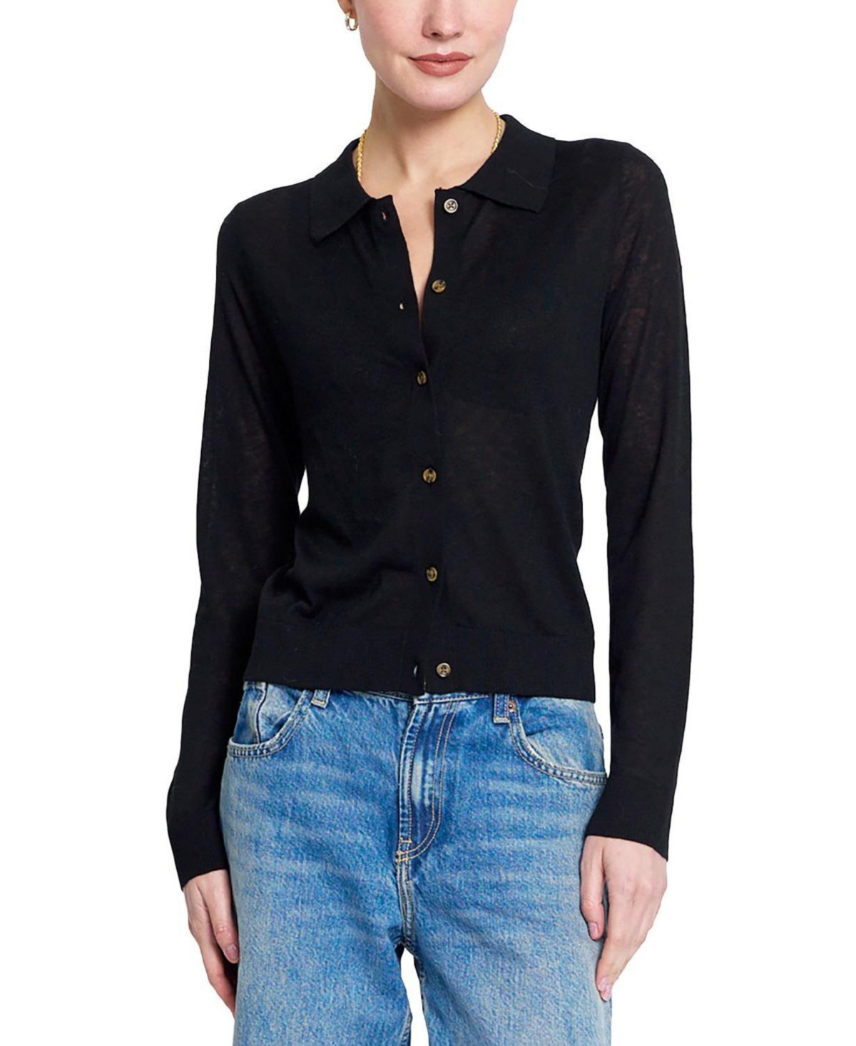 Central Park West Women's Sienna Sheer Isla Button-Up Collared Long-Sleeve Sweater - Black