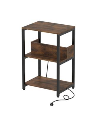 3-Tier Side End Table with Hidden Charging Station and Open Shelves