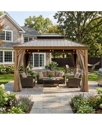 10x12 FT Outdoor Hardtop Gazebo, Wood-Looking Metal Patio Canopy with Double Roof