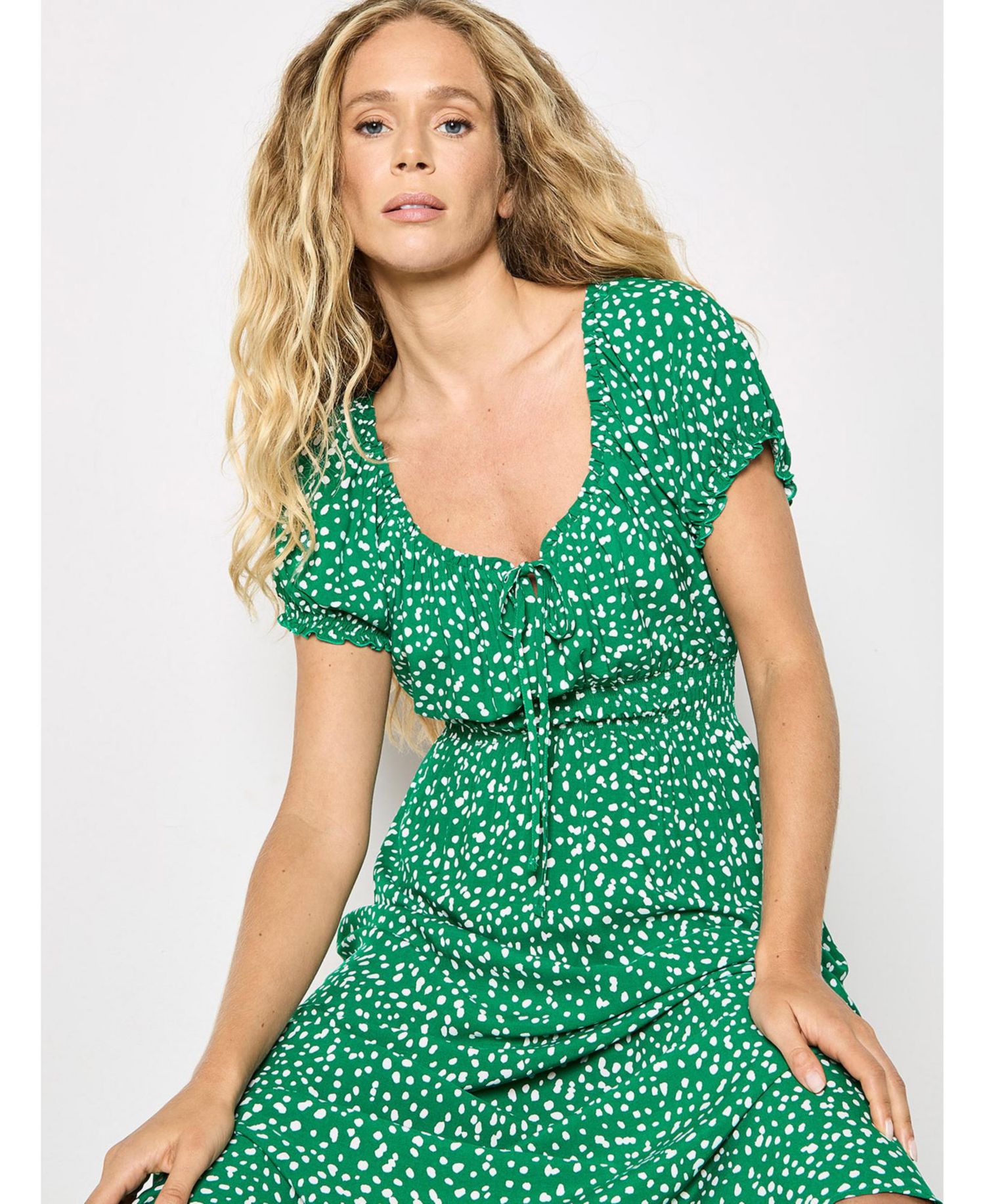 Women's Milkmaid Midi Spot Printed Smocked-Waist Puff-Sleeve Dress