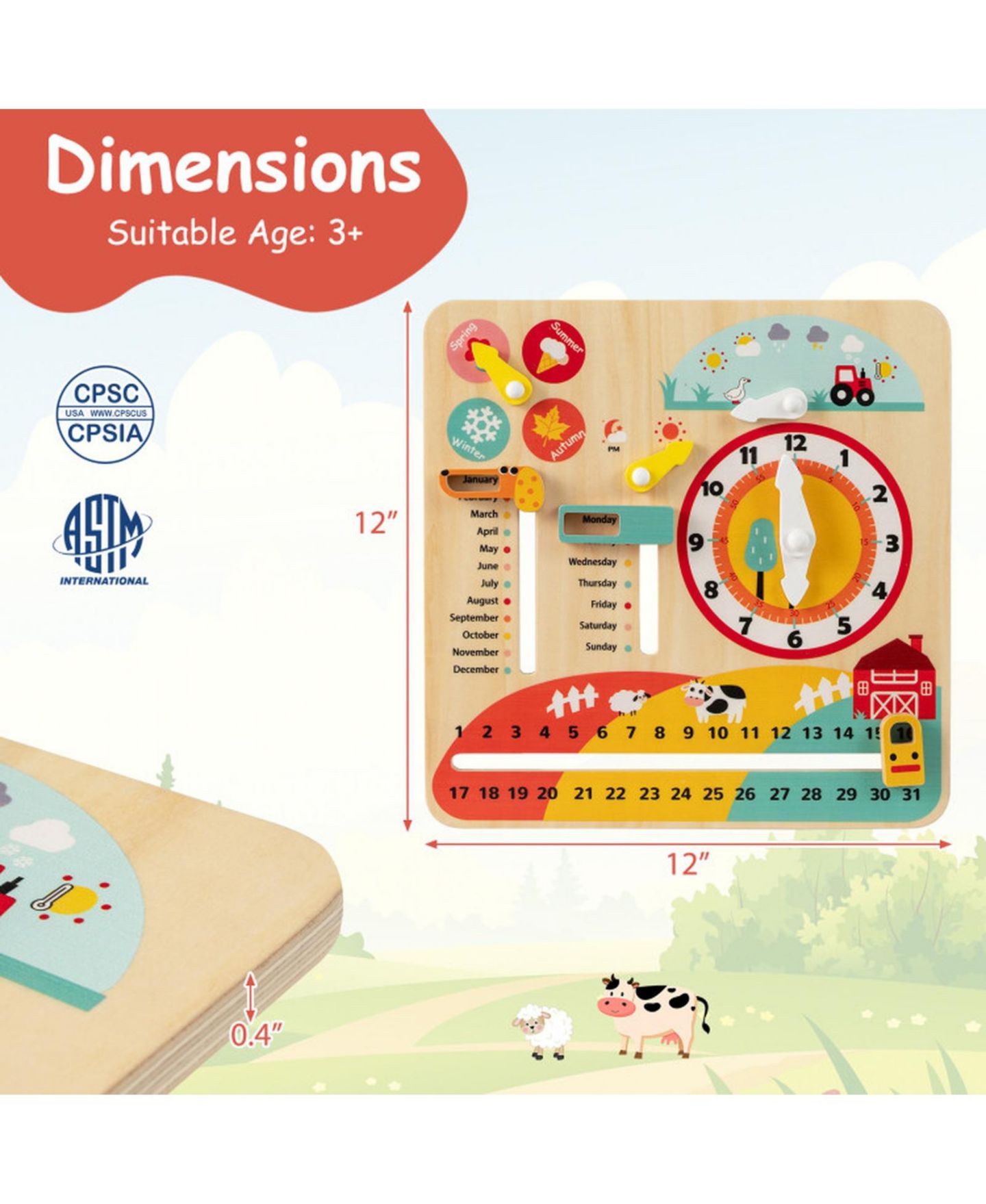 Детская игрушка SUGIFT Montessori Wooden Learning Clock for Time, Seasons & Weather, Ages 3+, цвет: Open Miscellaneous — фото 3
