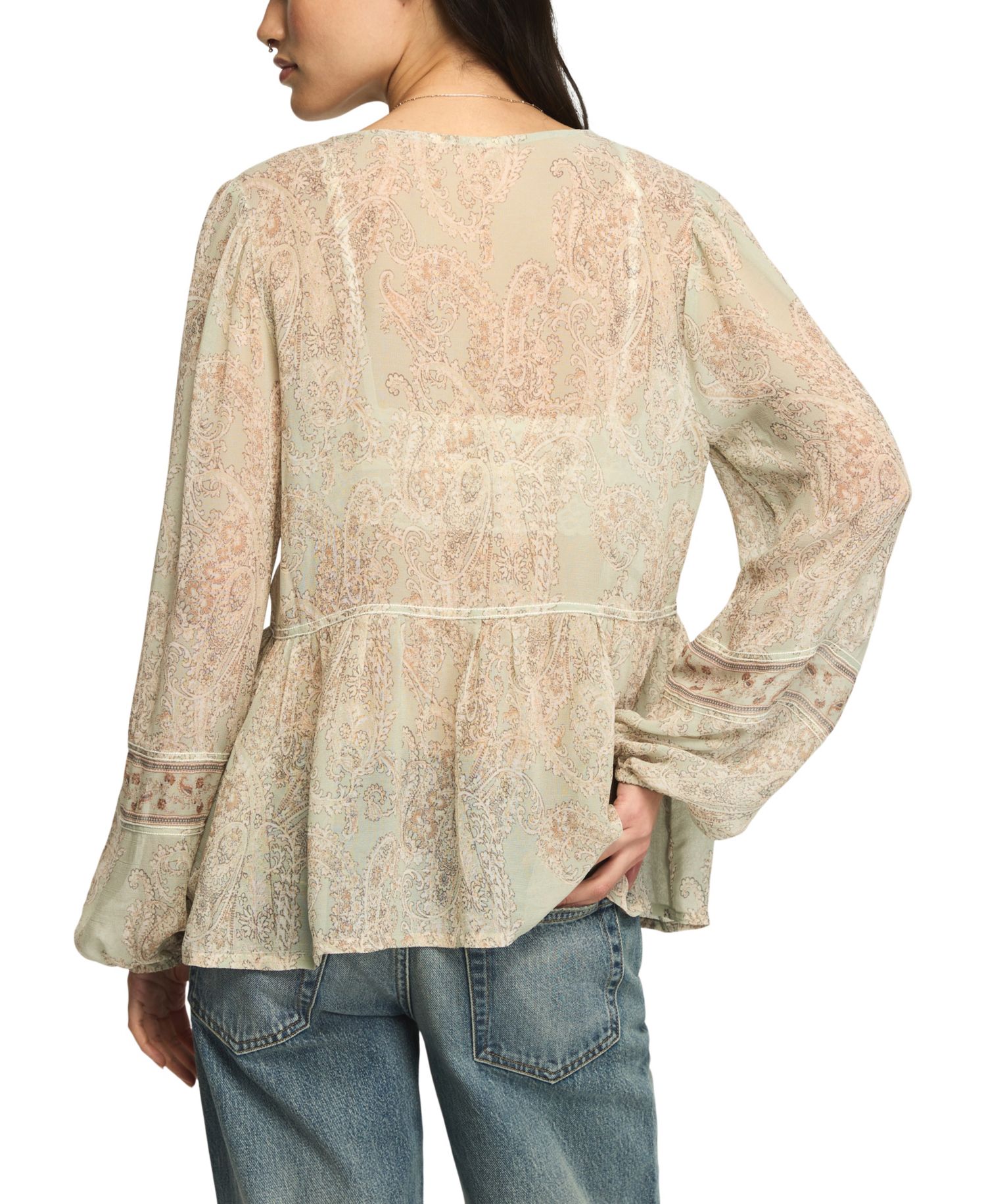 Women's Paisley Print Mix Long-Sleeve Peasant Top
