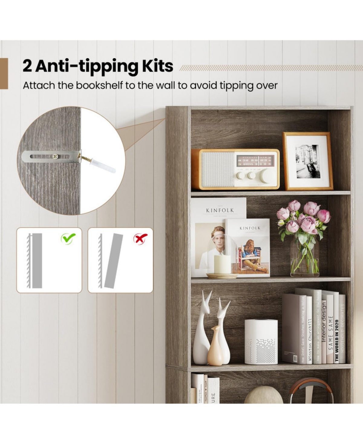Sugift 6-Tier Bookcase with 6 Open Shelves and Anti-Toppling Kits