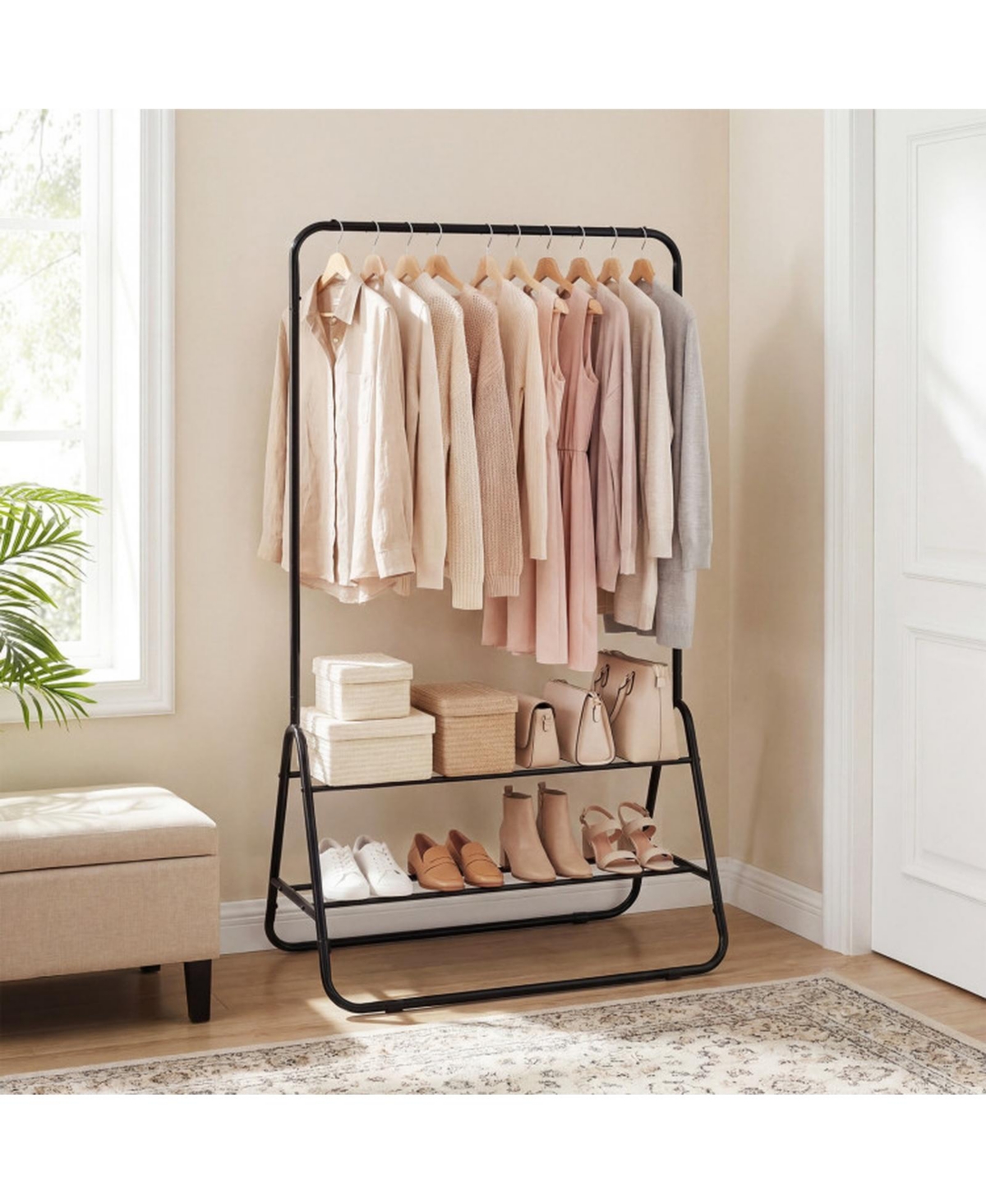 Sugift Heavy-Duty Clothes Rack with Hanging Rod and 2 Storage Shelves
