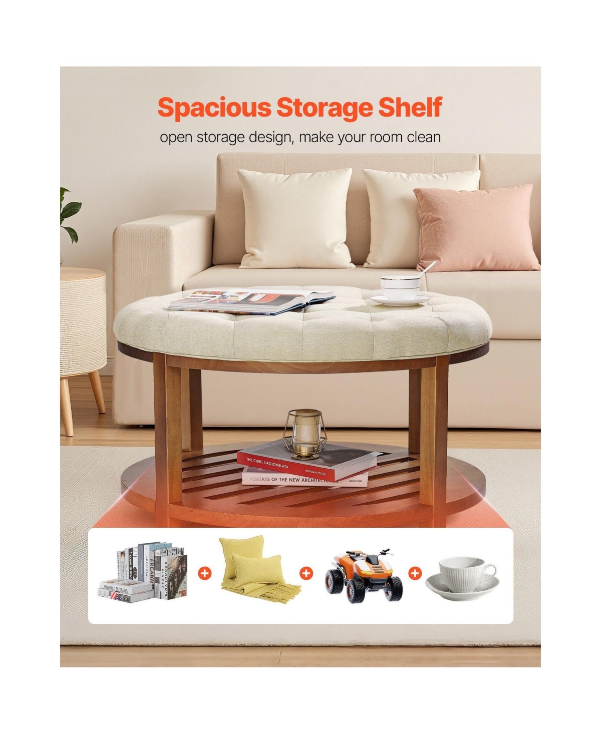 Slickblue Round Tufted Ottoman Coffee Table with Wooden Shelf, Linen Upholstered Accent Table