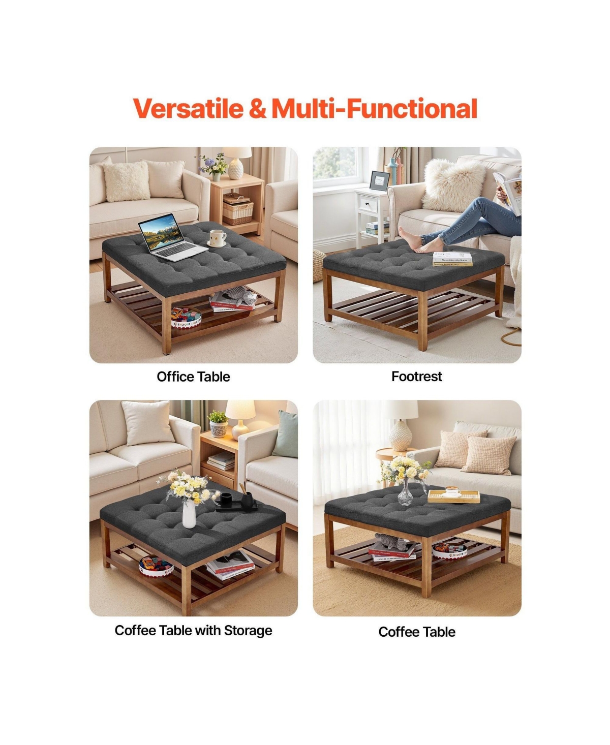 Slickblue Square Linen Upholstered Ottoman Coffee Table with Open Wood Shelf for Living Room