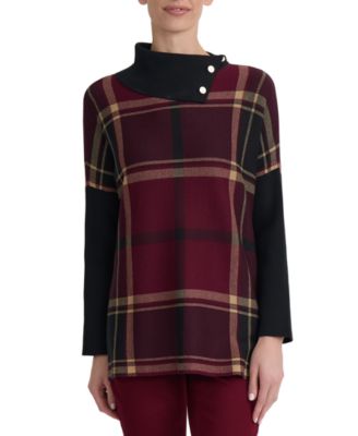 Women's Plaid Split-Neck Poncho Sweater