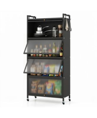 5-Tier Kitchen Storage Cabinet with 4 Flip-up Pc Doors Adjustable Feet and Rolling Wheels