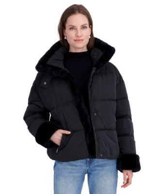 Women's Water-Resistant Sherpa Cuff and Collar Short Puffer Coat