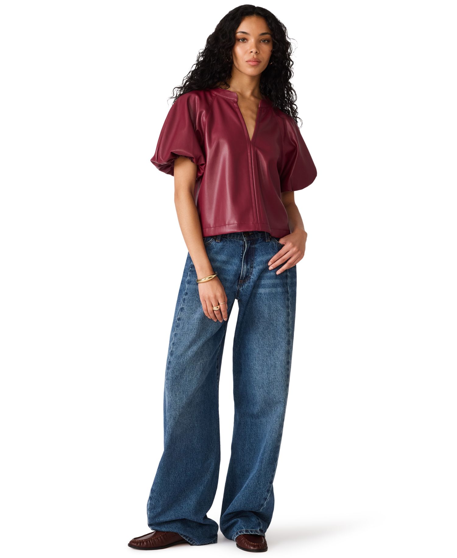 Women's Cecila Top Faux-Leather Puff-Sleeve Blouse