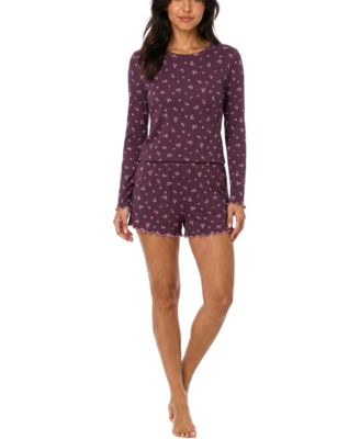 Women's Boat Neck Long-Sleeve Top & Shorts, 2-Piece Pajama Set